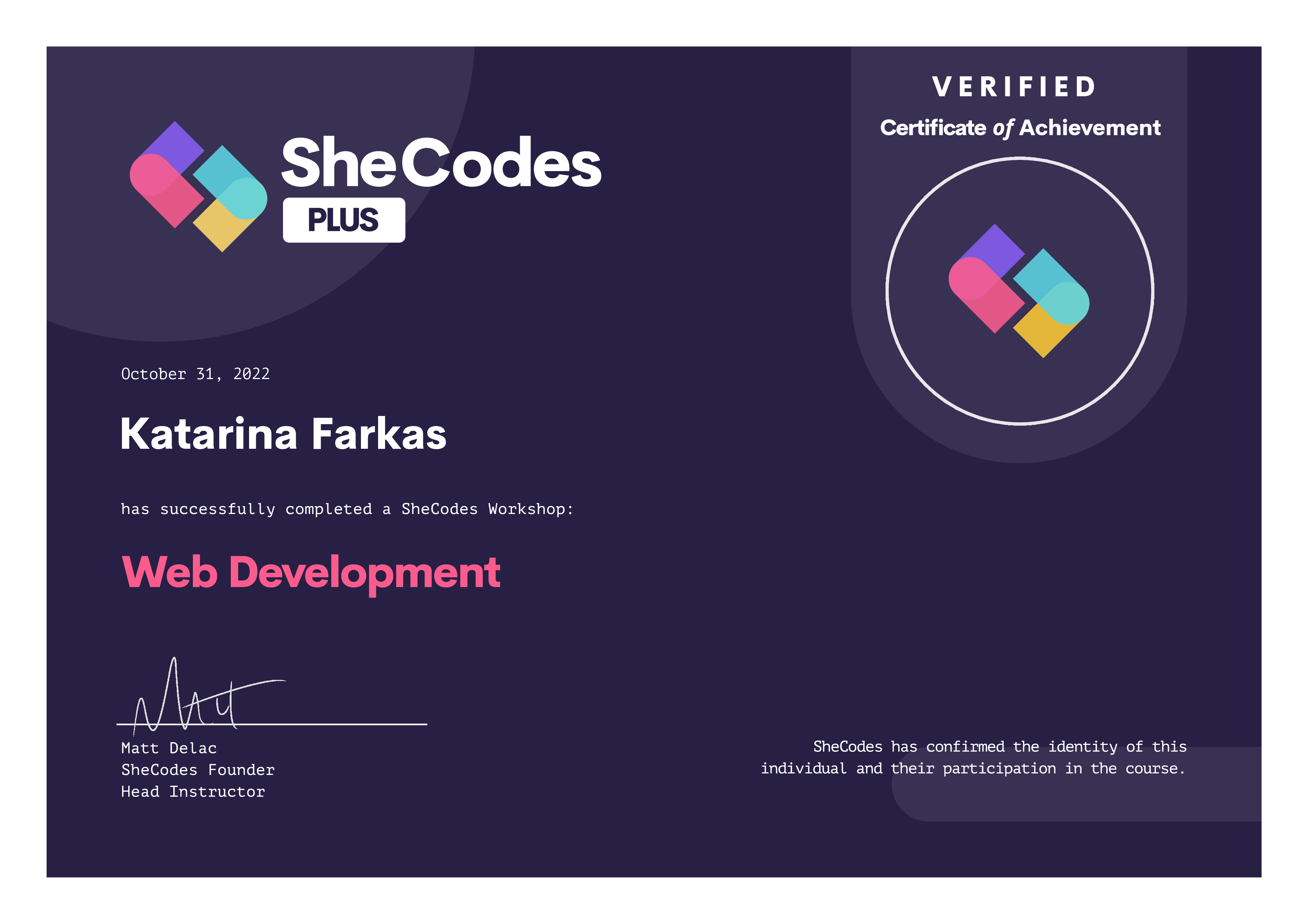 SheCodes Web Development certificate